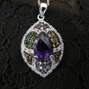 3.60 ctw Amethyst, Vermelho garnet, Bixbite ++ pendant & chain Silver New in Pkg